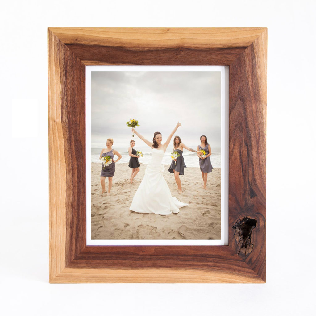 framed wedding photo in wild style black walnut wood frame.