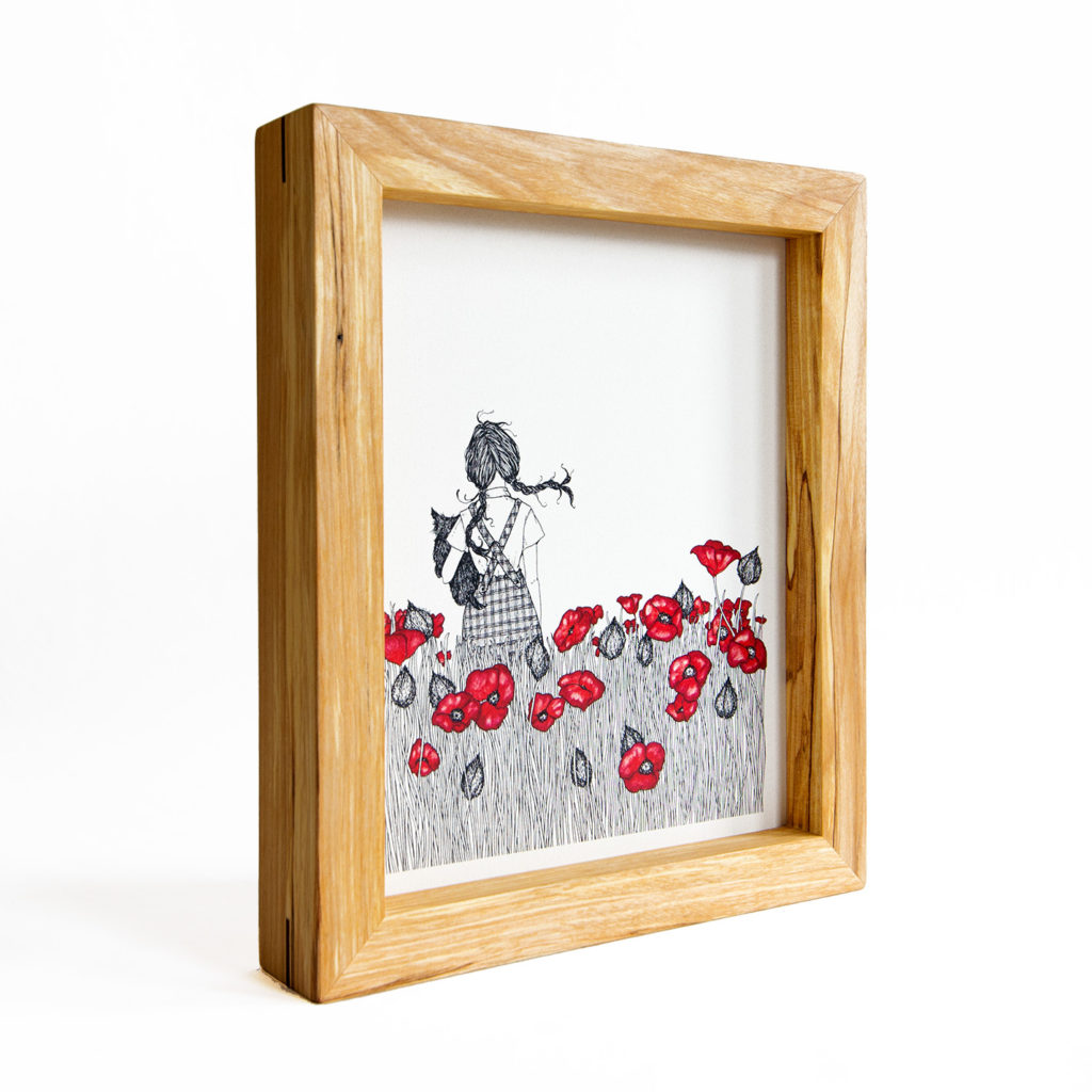 box style wood frame with print of little girl and poppies by Jessica Gadra