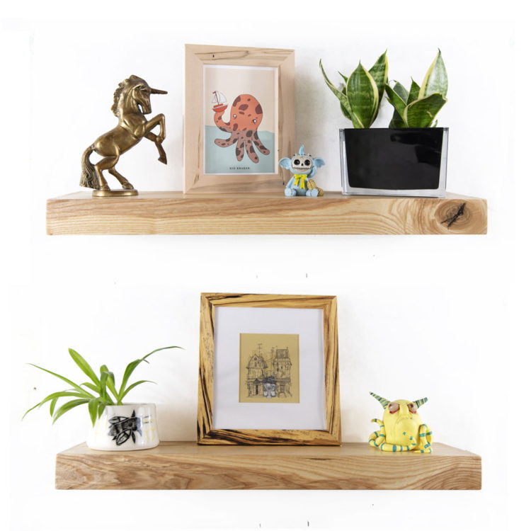 ash wood floating shelves with home goods