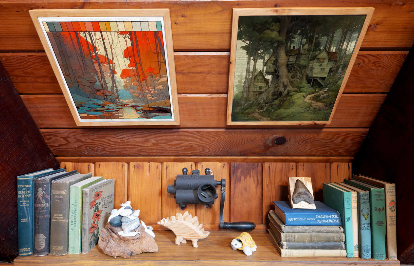 Steve Mcdonald prints in hickory frames in Aframe cabin